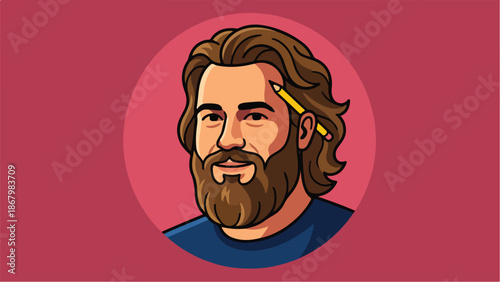 Cartoon portrait of a bearded man with a pencil on his head.