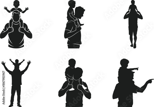Father Carrying Child on Shoulders Silhouette Set – Happy Family Moment Vector