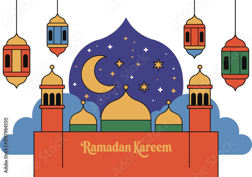 Ramadan kareem greeting card with mosque and lanterns hanging from the sky Vector illustration