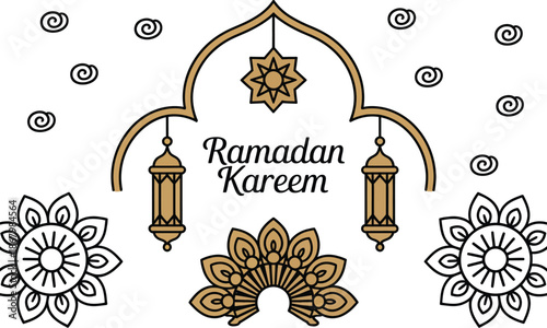 Ramadan kareem greeting card with lanterns and floral motifs in islamic art style Vector illustration