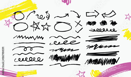Hand drawn crayon scribble brush strokes appear as a playful vector set showing childish doodle lines and textures ideal for creative backgrounds education kids design marketing and fun branding