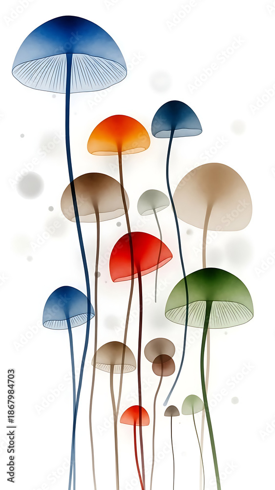 Obraz premium Vibrant colorful mushrooms in white background