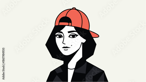 Stylish woman with a red cap focused on the main subject looking at the camera.