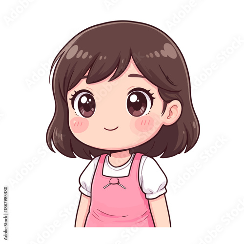 A cute and calm little girl with big brown eyes and a sweet smile. Wearing a pink pinafore dress in a kawaii chibi anime style. Vector illustration.