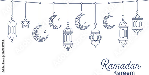 Ramadan kareem greeting with hanging lanterns and crescent moon decorations Vector illustration