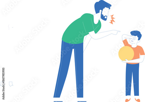 Family communication illustration, father scolding child, flat vector
