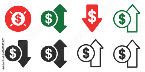 Cost increase and decrease vector icon set showing profit and loss symbols, dollar growth and decline icons, investment and savings graphics, modern finance illustration and transparent png for apps, 