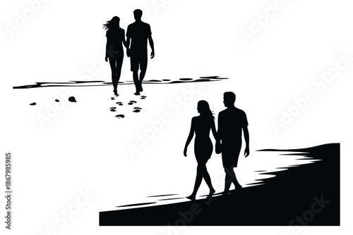 Couples Walking on Beach and Pier Silhouettes