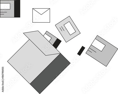 Office supplies illustration, scattered stationery items, minimal vector
