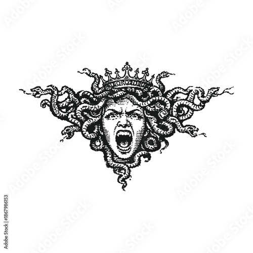 Angry Medusa Screaming with Serpent Hair and Crown Engraving Art