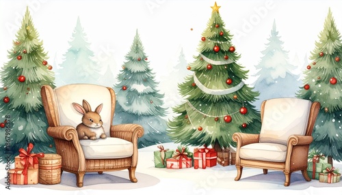 Cozy Christmas Scene - Rabbit in Armchair Amidst Festive Decorations and Snowy Forest.