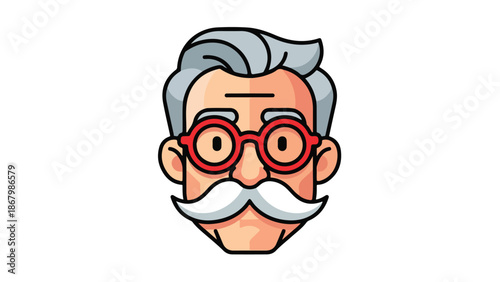 Cartoon portrait of an elderly man with glasses and a mustache.