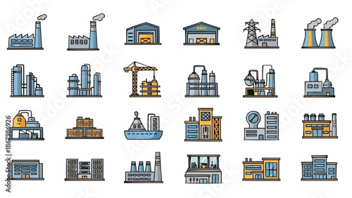 Collection of industrial factory and building icons.