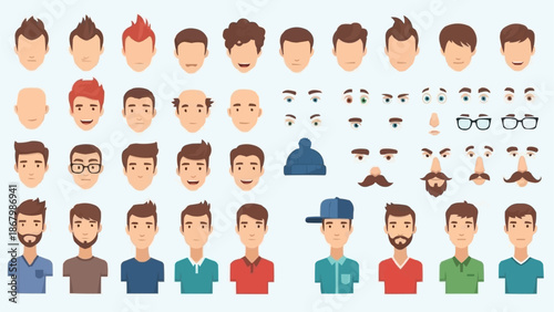 Collection of diverse male cartoon character faces and hairstyles.