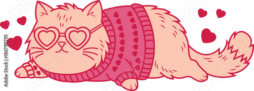 Cute pink cat wearing heart shaped sunglasses and sweater lying down with hearts around  adorable feline illustration for Valentines Day or love themed designs