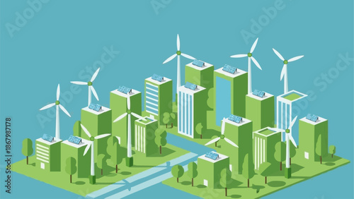 Sustainable city skyline with wind turbines and solar panels.