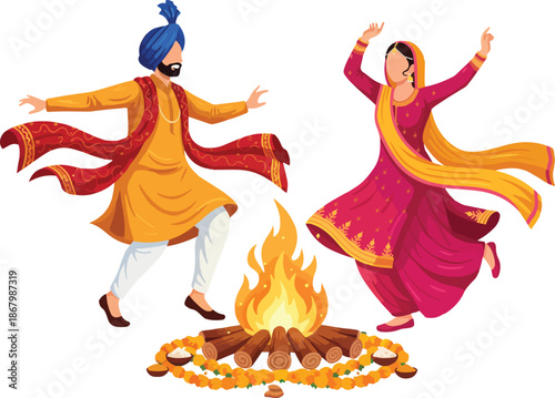 Punjabi Couple Dancing Around Lohri Bonfire 