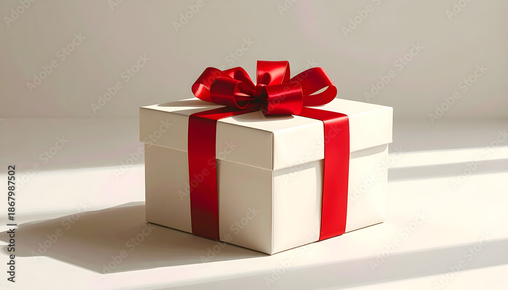 Obraz premium A beautifully wrapped white gift box with a vibrant red ribbon and bow, casting a soft shadow on a clean, bright surface