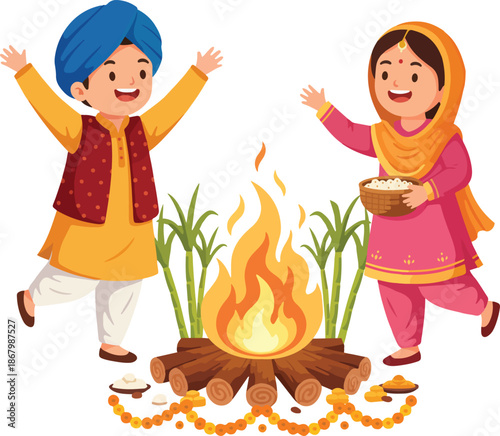 Punjabi Kids Celebrating Lohri with Bonfire and Popcorn 