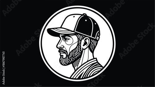 Man in a cap with a beard side profile black and white illustration.