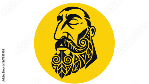 Intricate bearded mans face in a yellow circle.