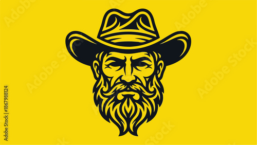 Detailed illustration of a cowboy with a beard and hat on yellow background.