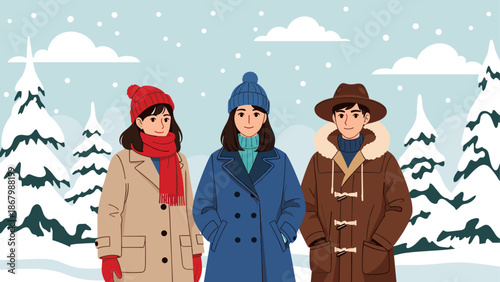 Three friends enjoying winter in snowy forest Vector