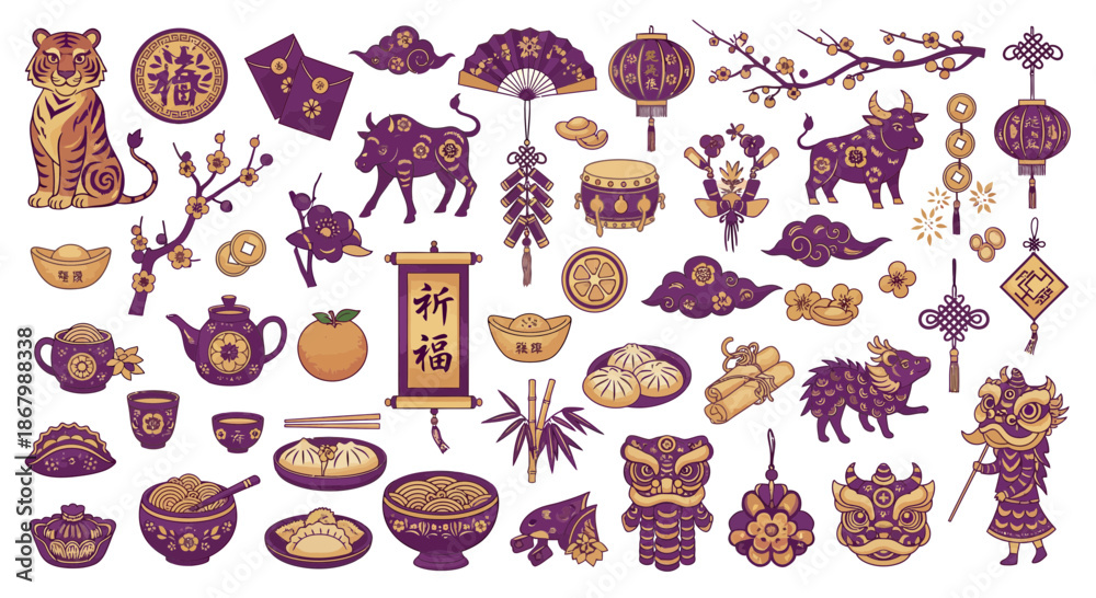 Obraz premium Collection of Chinese New Year decorations and symbols in various shapes and forms.
