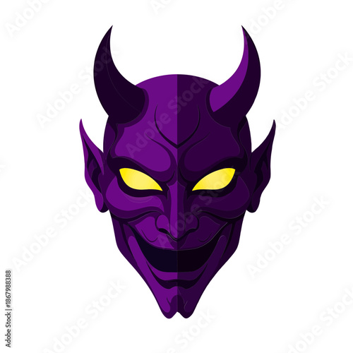 Menacing purple demon face with glowing yellow eyes