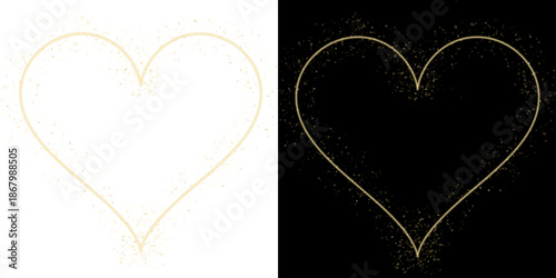 Golden glitter heart outline on black and white backgrounds