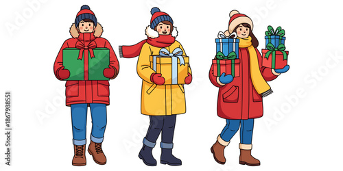 Children carrying gifts in winter Vector
