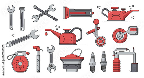 Collection of various mechanical tools and equipment for automotive maintenance.