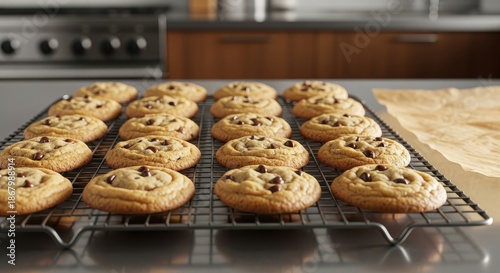 Rows of freshly baked chocolate chip cookies cooling on a wire rack in a kitchen environment, showcasing delicious baked goods.