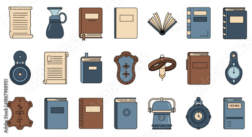 Collection of vintage books and antique objects arranged in a row.