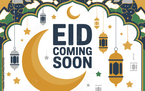 Eid celebration banner with crescent moon and lanterns hanging from the top Vector illustration