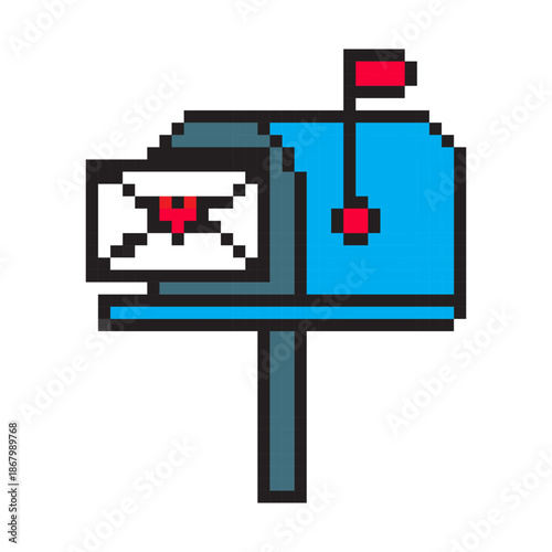 Pixel art Valentine mailbox with love letter and heart envelope. Cute 8-bit romantic mail symbol for love message, dating, chat, sticker, app UI, greeting card, and holiday game design.