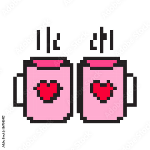 Pixel art icon of two pink mugs with hearts and steam. Retro 8-bit romantic coffee date symbol for Valentine Day. Pixelated tea cup pair vector illustration isolated on white.
