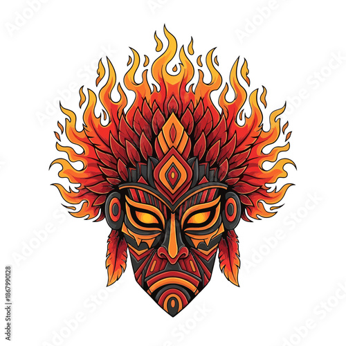 Vibrant tribal mask with fiery flames on black background