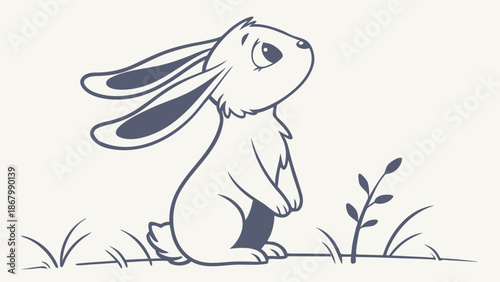 Adorable rabbit sitting in grass looking up curiously outside