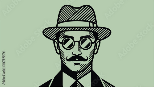 Stylish Man in Hat and Glasses: A Detailed Illustration.