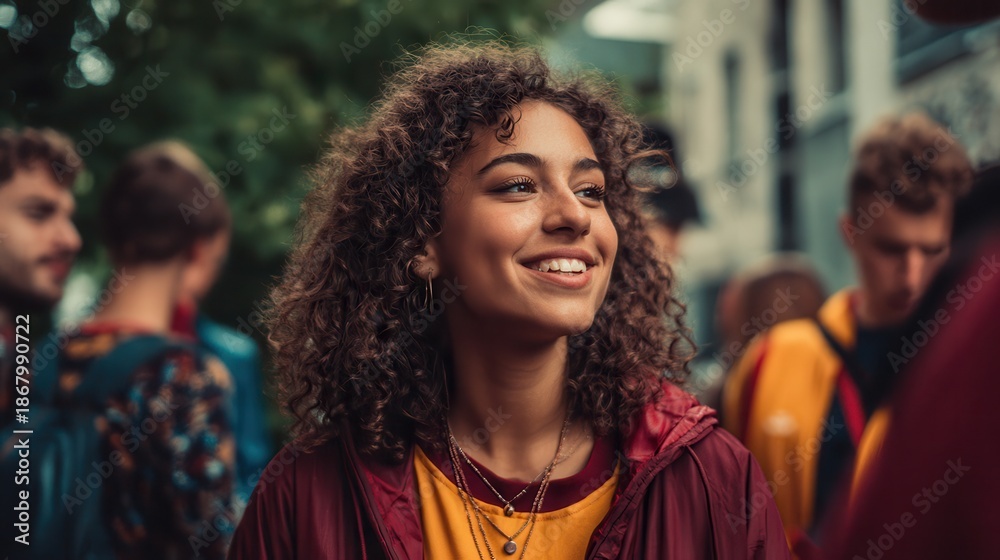 Obraz premium Young woman with curly hair smiling in a lively urban setting