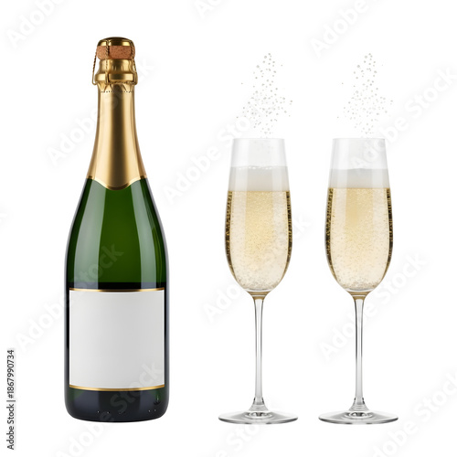 Wallpaper Mural Sparkling wine bottle with blank labels and two glasses, perfect for celebration, branding, and festive design. Isolated on white or transparent background. PNG format. Torontodigital.ca