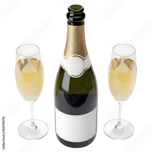 Wallpaper Mural Sparkling wine bottle with blank labels and two glasses, perfect for celebration, branding, and festive design. Isolated on white or transparent background. PNG format. Torontodigital.ca