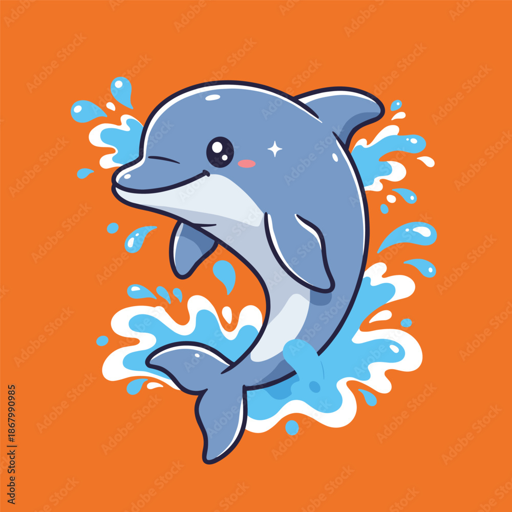 Obraz premium Cute cartoon dolphin swimming in the ocean