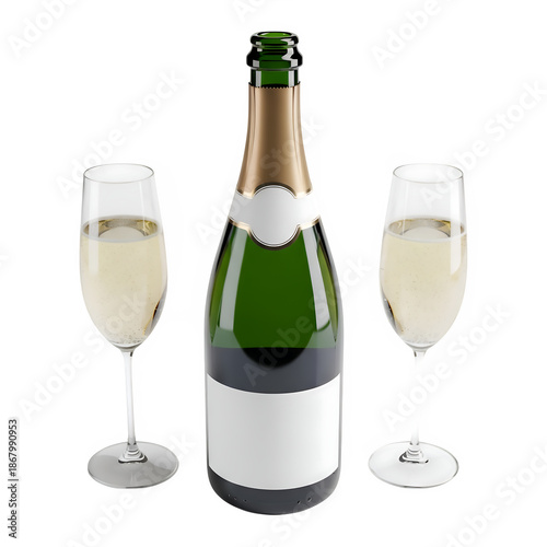 Wallpaper Mural Sparkling wine bottle with blank labels and two glasses, perfect for celebration, branding, and festive design. Isolated on white or transparent background. PNG format. Torontodigital.ca