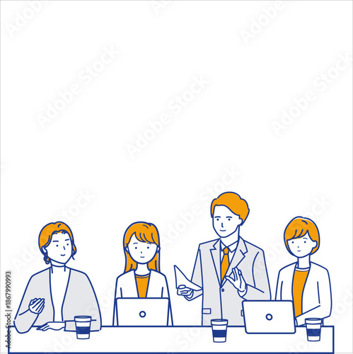 Business team having a meeting with coffee,ノートパソコンとコーヒーがある会議のビジネスチームのイラスト(color variation)