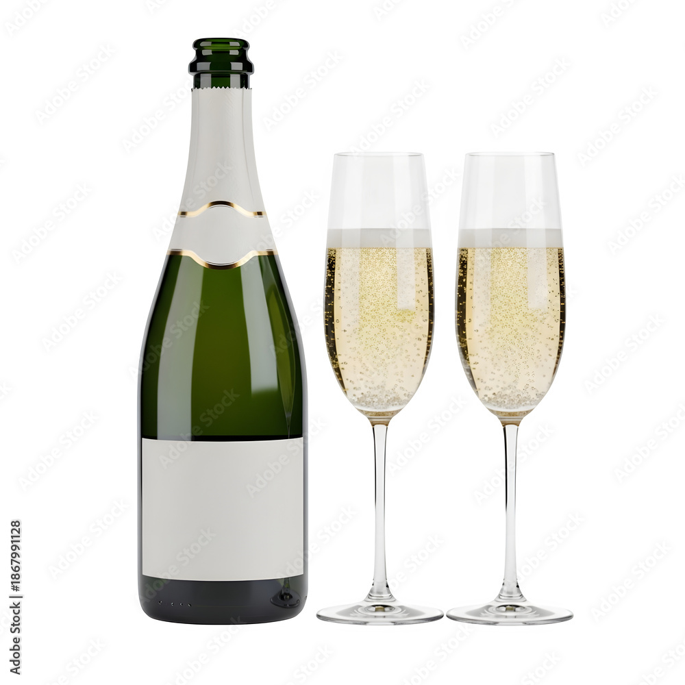custom made wallpaper toronto digitalSparkling wine bottle with blank labels and two glasses, perfect for celebration, branding, and festive design. Isolated on white or transparent background. PNG format.