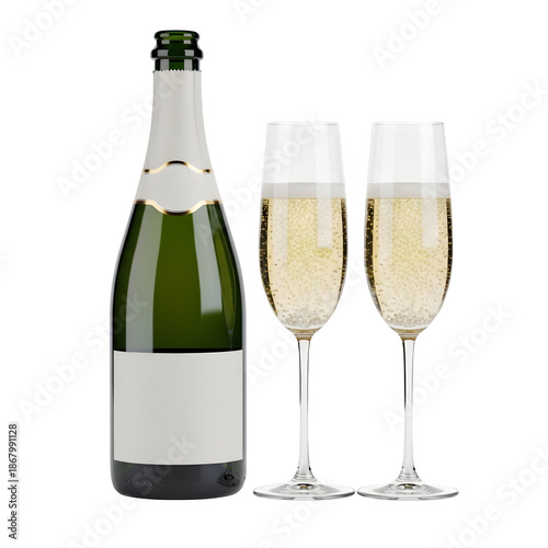 Wallpaper Mural Sparkling wine bottle with blank labels and two glasses, perfect for celebration, branding, and festive design. Isolated on white or transparent background. PNG format. Torontodigital.ca