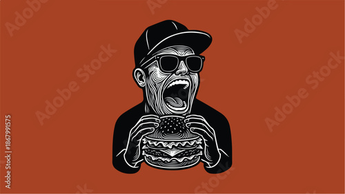 Man devouring a burger with open mouth and sunglasses.