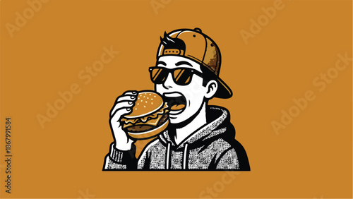 Young man enjoying a delicious burger with a focused expression.